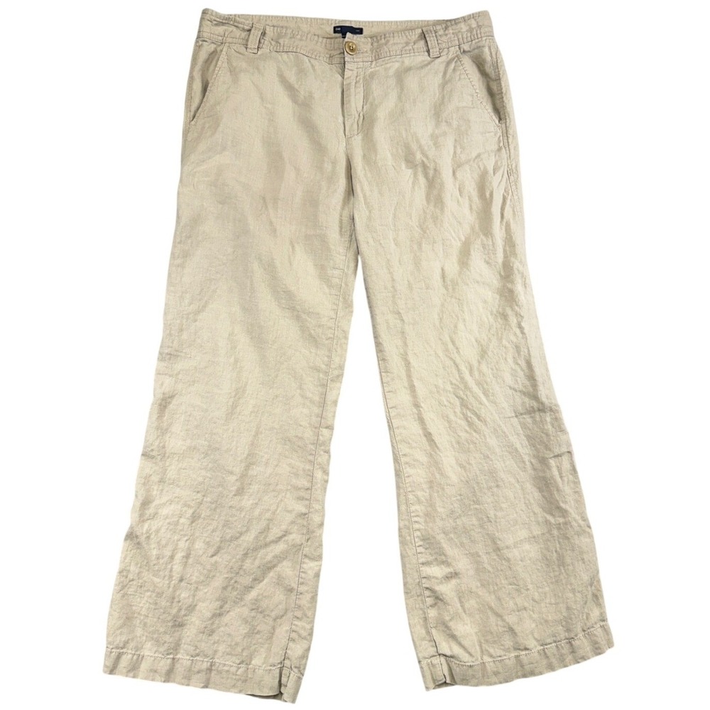 Gap Women 14 Petite Beige 100% Linen Wide Leg Pants Coastal Tan See Photos